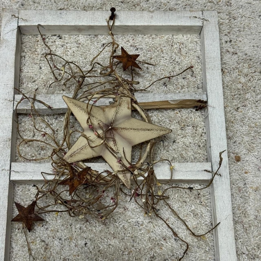 Primitive Rustic White Wood Window Frame Wall Decor Barn Star Pip Berry 16x12 - Picture 6 of 8